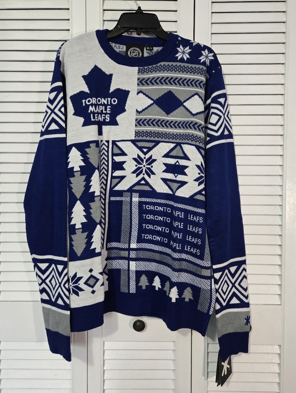 NHL Toronto Maple Leafs Blue, White & Gray Patchwork Crewneck Sweater